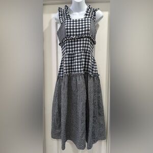 POL Navy and White Gingham Tiered Midi Dress
